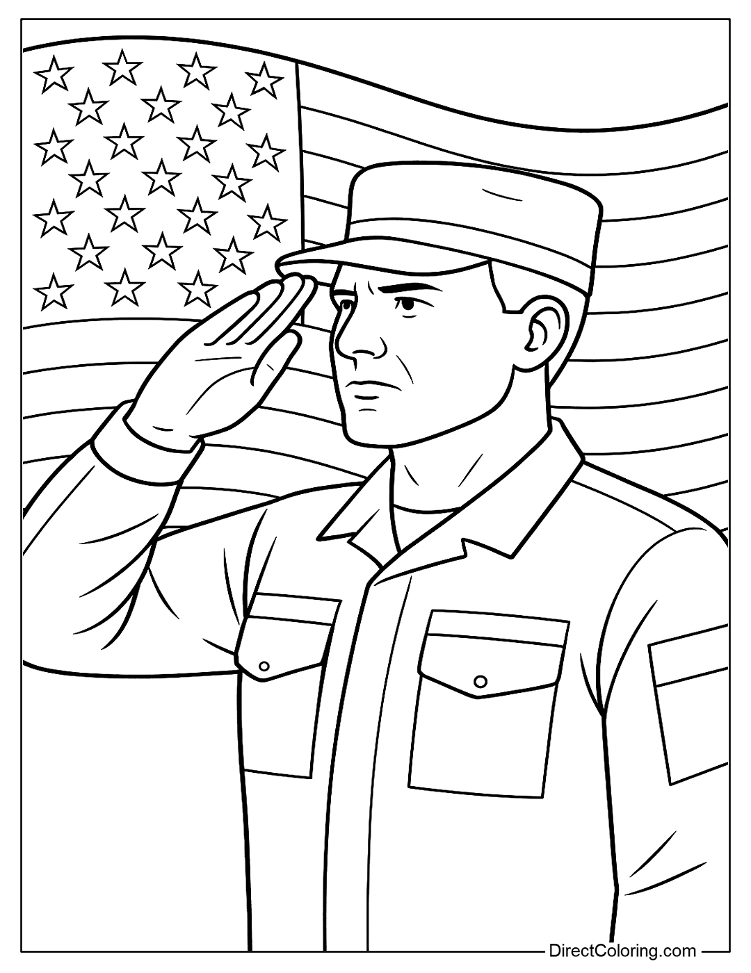 coloring page A soldier salutes in front of the American flag, his face full of solemnity.